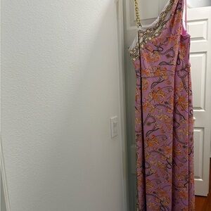 Boston Proper One Shoulder Dress in Pink and Gold Paisley